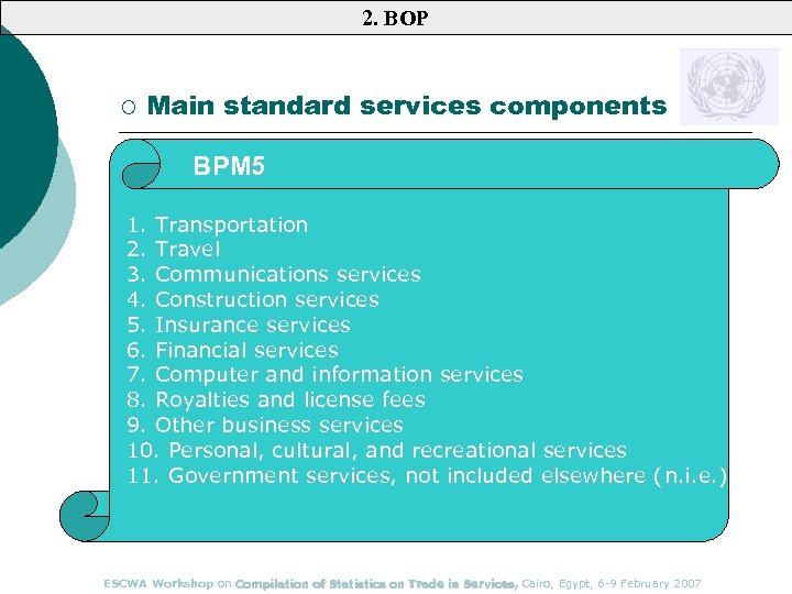 2. BOP ¡ Main standard services components BPM 5 1. Transportation 2. Travel 3.