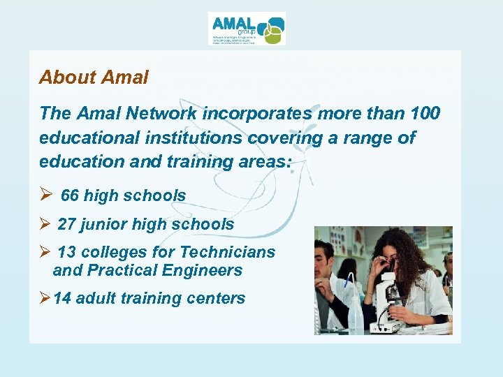 About Amal The Amal Network incorporates more than 100 educational institutions covering a range