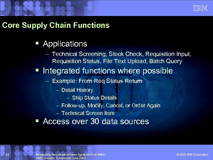 Core Supply Chain Functions § Applications – Technical Screening, Stock Check, Requisition Input, Requisition