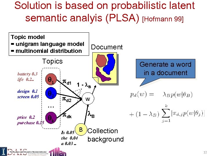 Solution is based on probabilistic latent semantic analyis (PLSA) [Hofmann 99] Topic model =