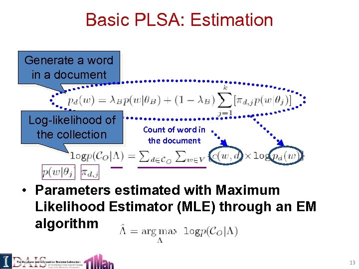 Basic PLSA: Estimation Generate a word in a document Log-likelihood of the collection Count