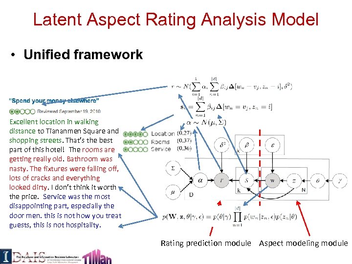 Latent Aspect Rating Analysis Model • Unified framework Excellent location in walking distance to