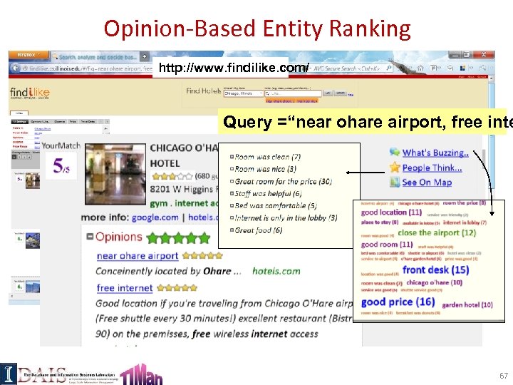 Opinion-Based Entity Ranking http: //www. findilike. com/ Query =“near ohare airport, free inte 67