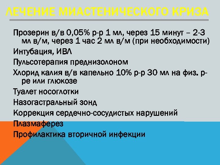 ЛЕЧЕНИЕ МИАСТЕНИЧЕСКОГО КРИЗА Прозерин в/в 0, 05% р-р 1 мл, через 15 минут –
