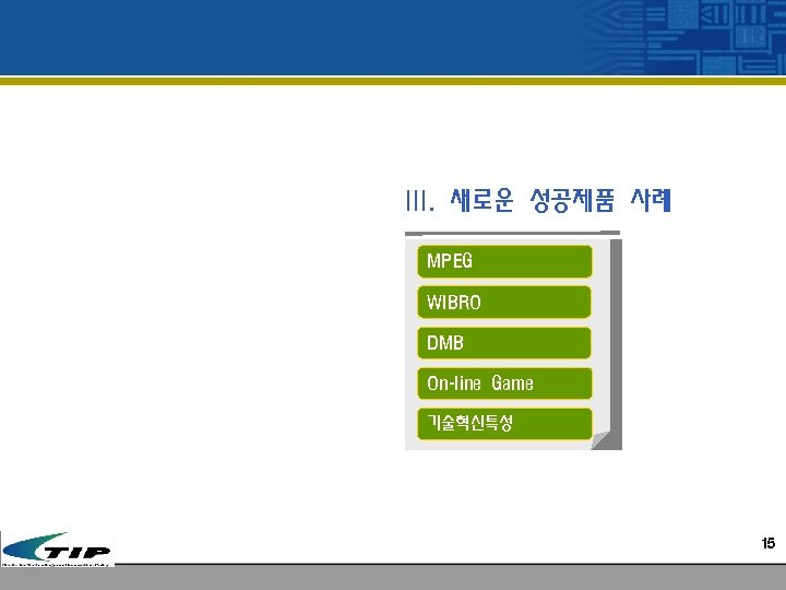 III. 새로운 성공제품 사례 MPEG WIBRO DMB On-line Game 기술혁신특성 15 