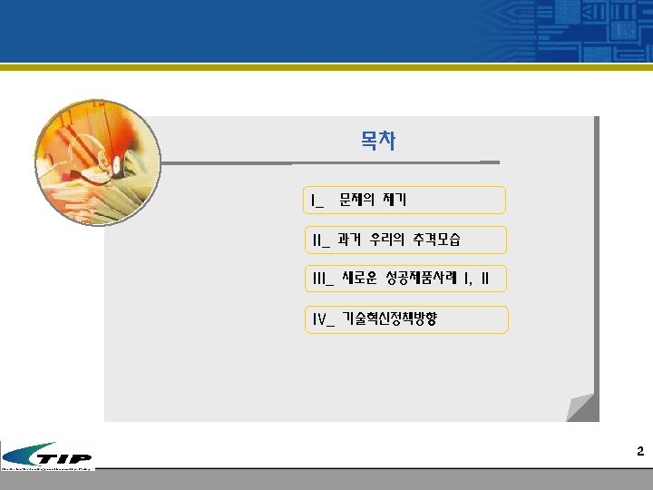 목차 I_ 문제의 제기 II_ 과거 우리의 추격모습 III_ 새로운 성공제품사례 I, II IV_