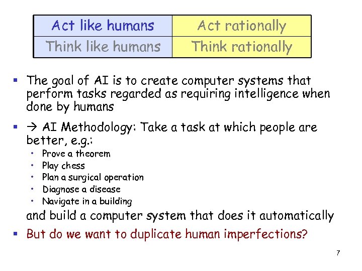 Act like humans Think like humans Act rationally Think rationally § The goal of