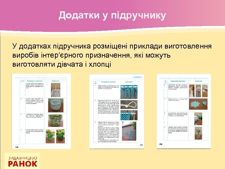 Додатки у підручнику У додатках підручника розміщені приклади виготовлення виробів інтер’єрного призначення, які можуть