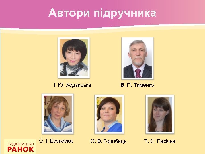 Автори підручника І. Ю. Ходзицька О. І. Безносюк В. П. Тименко О. В. Горобець