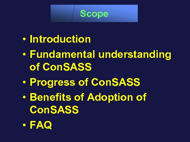 Scope • Introduction • Fundamental understanding of Con. SASS • Progress of Con. SASS