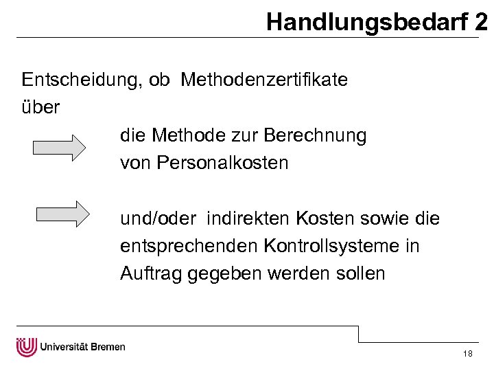 Handlungsbedarf 2 Entscheidung, ob Methodenzertifikate über die Methode zur Berechnung von Personalkosten und/oder indirekten