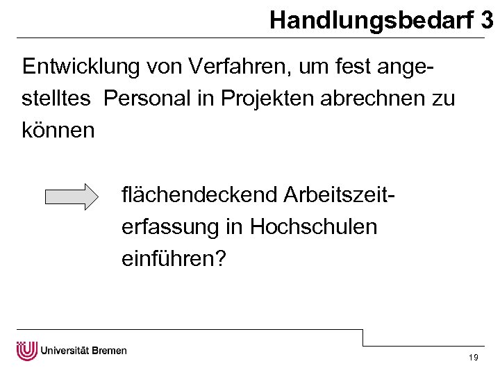Handlungsbedarf 3 Entwicklung von Verfahren, um fest angestelltes Personal in Projekten abrechnen zu können