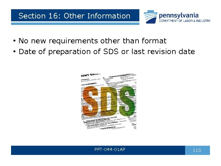 Section 16: Other Information • No new requirements other than format • Date of