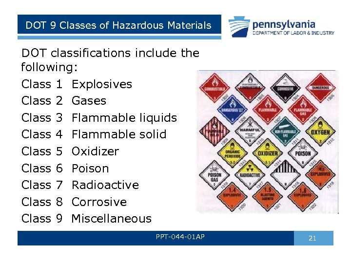 DOT 9 Classes of Hazardous Materials DOT classifications include the following: Class 1 Explosives