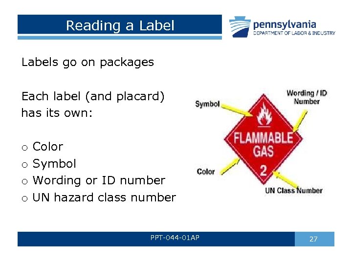 Reading a Labels go on packages Each label (and placard) has its own: o