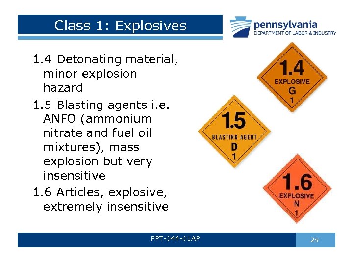 Class 1: Explosives 1. 4 Detonating material, minor explosion hazard 1. 5 Blasting agents