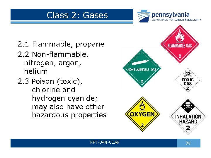 Class 2: Gases 2. 1 Flammable, propane 2. 2 Non-flammable, nitrogen, argon, helium 2.
