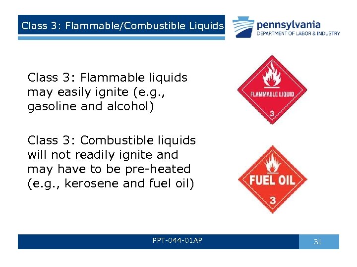 Class 3: Flammable/Combustible Liquids Class 3: Flammable liquids may easily ignite (e. g. ,