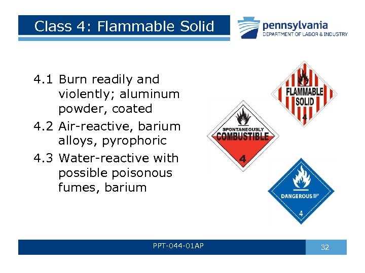 Class 4: Flammable Solid 4. 1 Burn readily and violently; aluminum powder, coated 4.