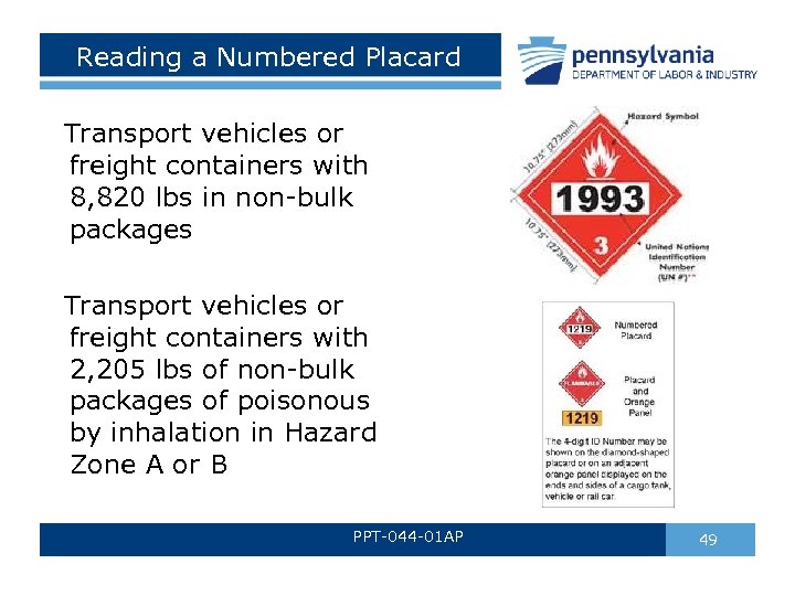 Reading a Numbered Placard Transport vehicles or freight containers with 8, 820 lbs in