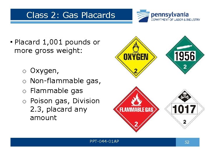 Class 2: Gas Placards • Placard 1, 001 pounds or more gross weight: o