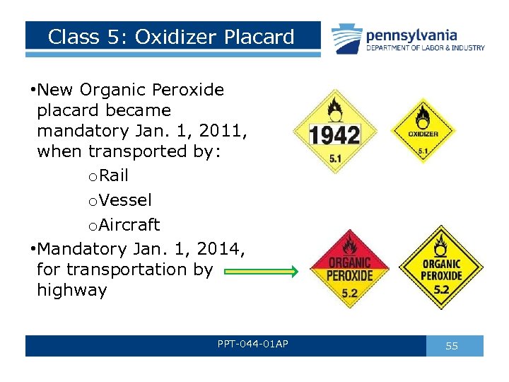 Class 5: Oxidizer Placard • New Organic Peroxide placard became mandatory Jan. 1, 2011,