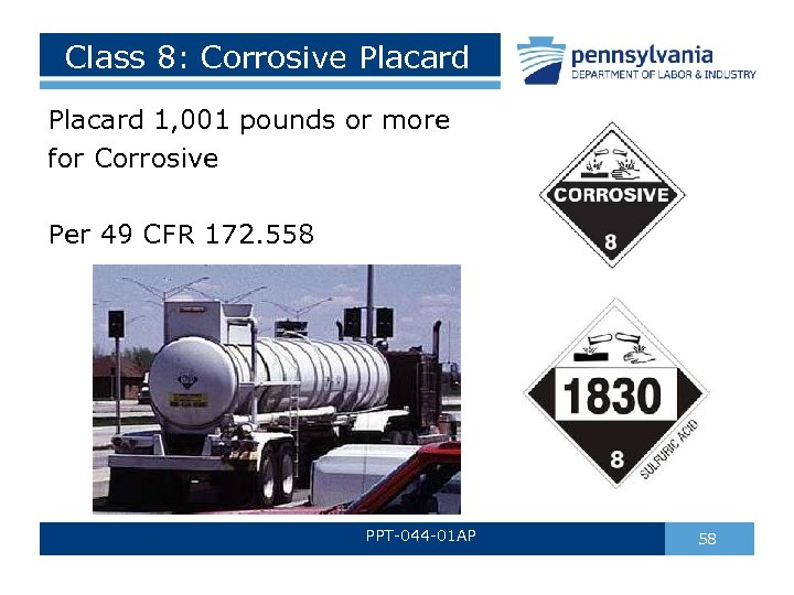 Class 8: Corrosive Placard 1, 001 pounds or more for Corrosive Per 49 CFR