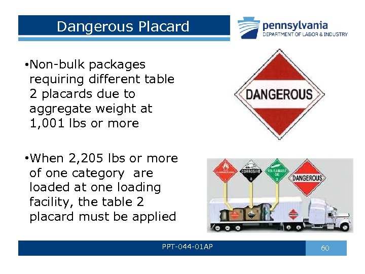 Dangerous Placard • Non-bulk packages requiring different table 2 placards due to aggregate weight