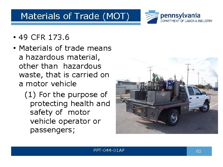 Materials of Trade (MOT) • 49 CFR 173. 6 • Materials of trade means