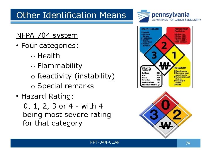 Other Identification Means NFPA 704 system • Four categories: o Health o Flammability o