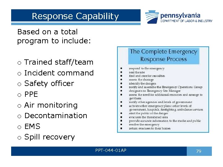 Response Capability Based on a total program to include: o Trained staff/team o Incident