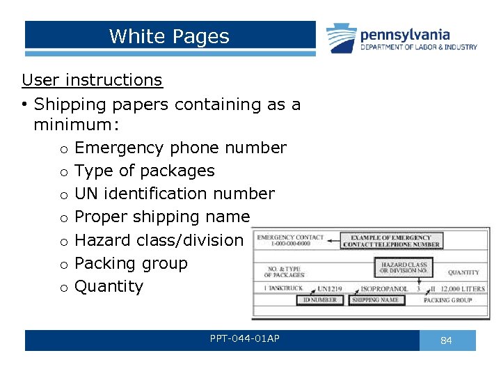 White Pages User instructions • Shipping papers containing as a minimum: o Emergency phone