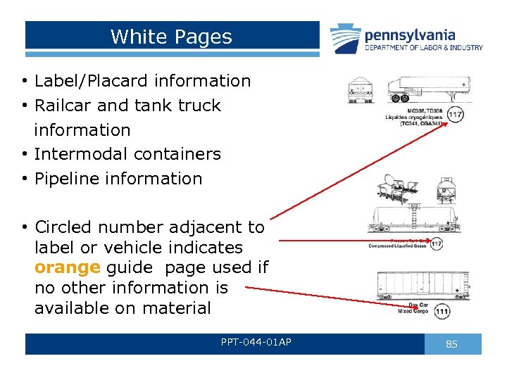 White Pages • Label/Placard information • Railcar and tank truck information • Intermodal containers
