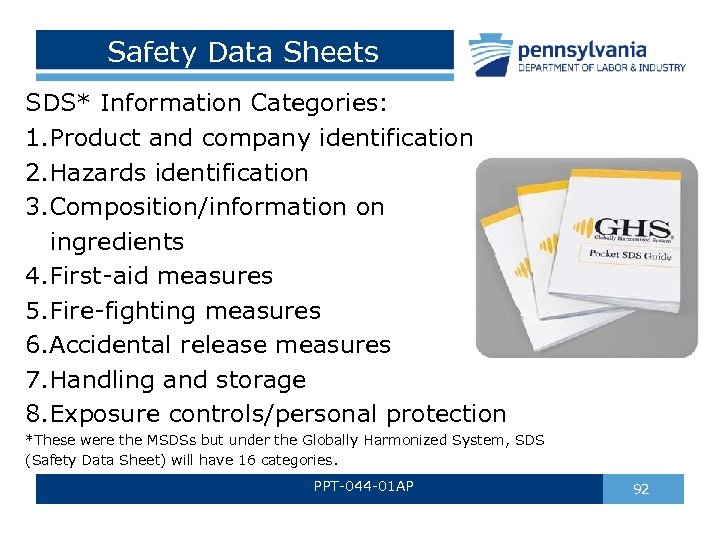 Safety Data Sheets SDS* Information Categories: 1. Product and company identification 2. Hazards identification