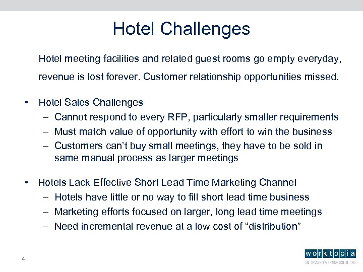 Hotel Challenges Hotel meeting facilities and related guest rooms go empty everyday, revenue is