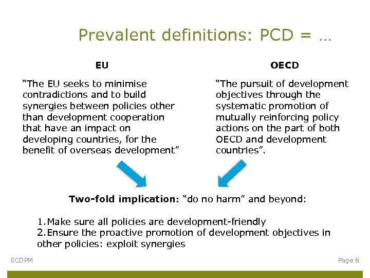 Prevalent definitions: PCD = … EU OECD “The EU seeks to minimise contradictions and