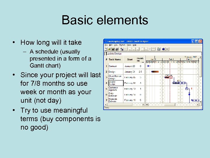 Basic elements • How long will it take – A schedule (usually presented in