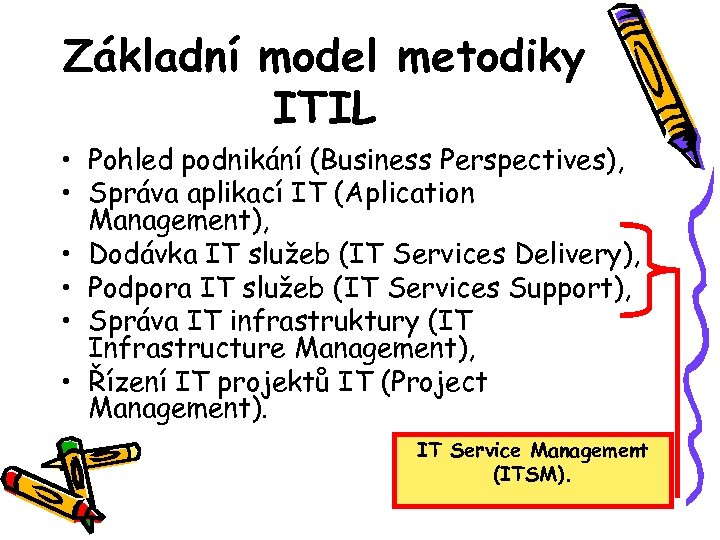 Základní model metodiky ITIL • Pohled podnikání (Business Perspectives), • Správa aplikací IT (Aplication