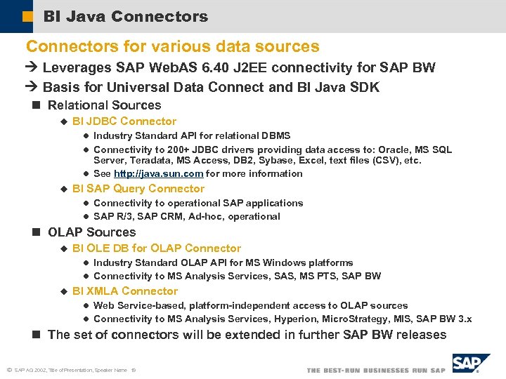 BI Java Connectors for various data sources Leverages SAP Web. AS 6. 40 J