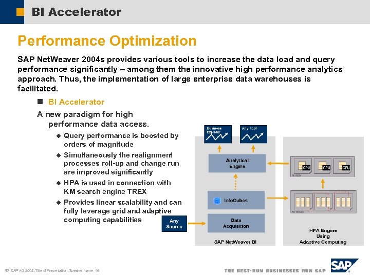 BI Accelerator Performance Optimization SAP Net. Weaver 2004 s provides various tools to increase