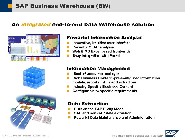 SAP Business Warehouse (BW) An integrated end-to-end Data Warehouse solution Powerful Information Analysis n