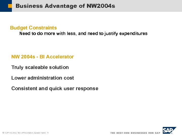 Business Advantage of NW 2004 s Budget Constraints Need to do more with less,