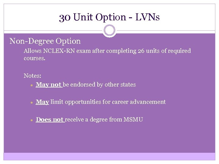 30 Unit Option - LVNs Non-Degree Option Allows NCLEX-RN exam after completing 26 units