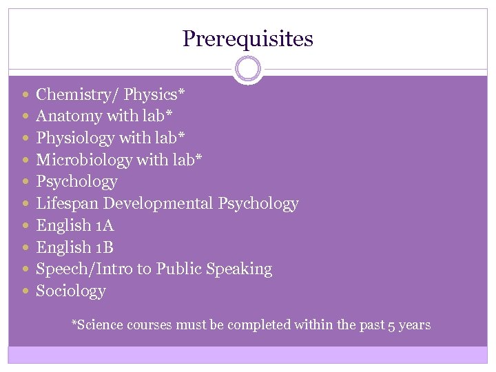 Prerequisites Chemistry/ Physics* Anatomy with lab* Physiology with lab* Microbiology with lab* Psychology Lifespan