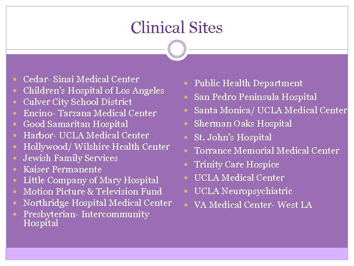 Clinical Sites Cedar- Sinai Medical Center Children’s Hospital of Los Angeles Culver City School