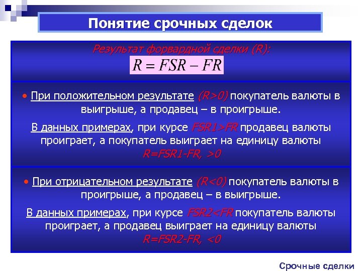 Понятие срочных сделок Результат форвардной сделки (R): • При положительном результате (R>0) покупатель валюты
