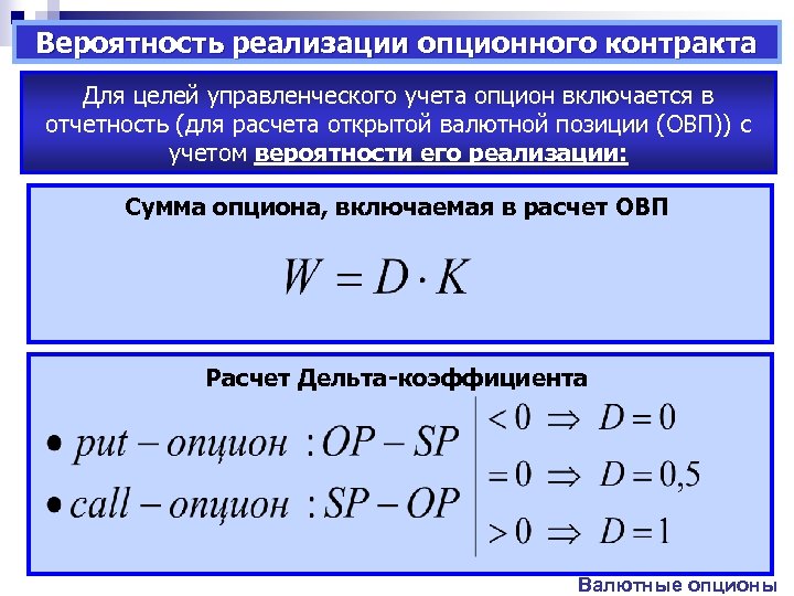 Вероятность реализации опционного контракта Для целей управленческого учета опцион включается в отчетность (для расчета