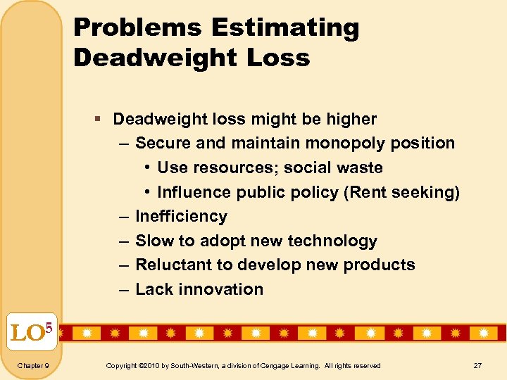 Problems Estimating Deadweight Loss § Deadweight loss might be higher – Secure and maintain