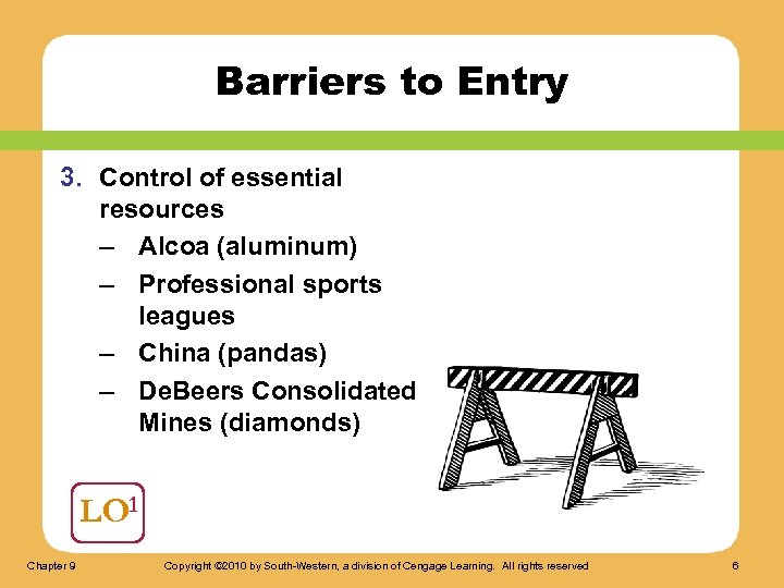 Barriers to Entry 3. Control of essential resources – Alcoa (aluminum) – Professional sports