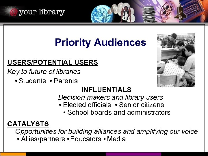 Priority Audiences USERS/POTENTIAL USERS Key to future of libraries Students Parents INFLUENTIALS Decision-makers and